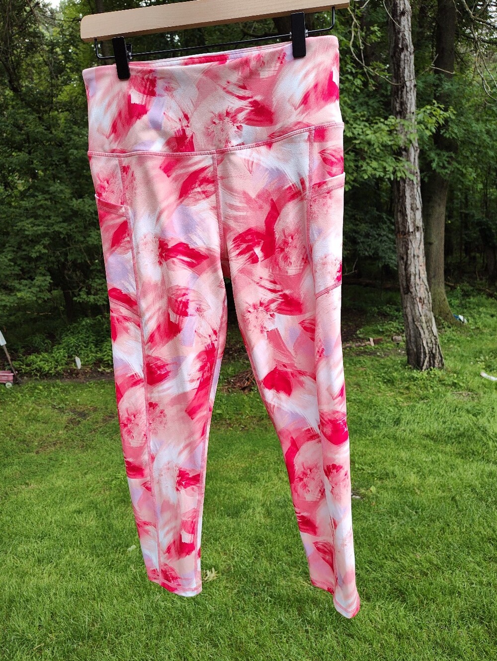 Gaiam M Crop Leggings Pink Coral Print High Rise Stretch Workout Running Pockets